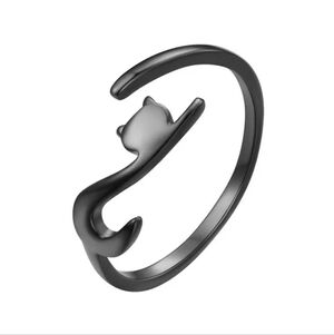 925 Sterling Silver Black Gold Plated Cat Adjustable Ring